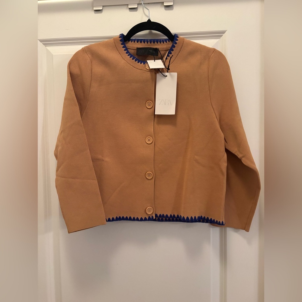 Zara Contrast Embroidery Knit Cardigan Camel Blue Trim Size Large NWT - Picture 11 of 15